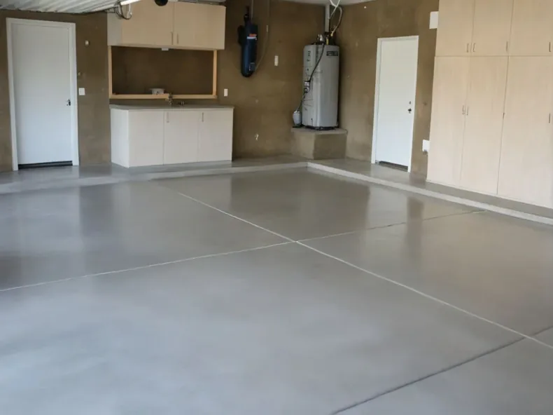 Finished concrete garage floor with cut control joints running across the bay