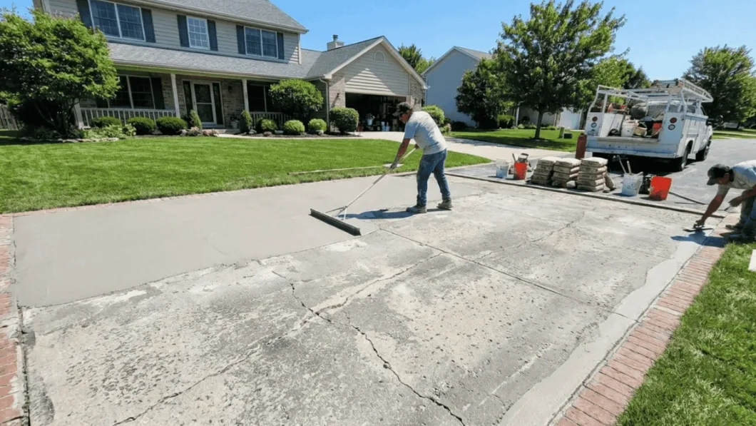 Overlay being spread across an existing concrete driveway during resurfacing